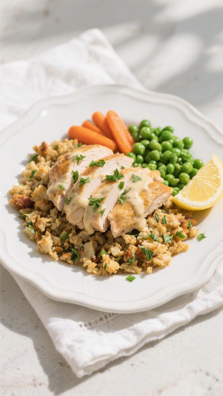 Final dish presentation, : Beautifully plated Crockpot Chicken and Stuffing on a wide, white ceramic
