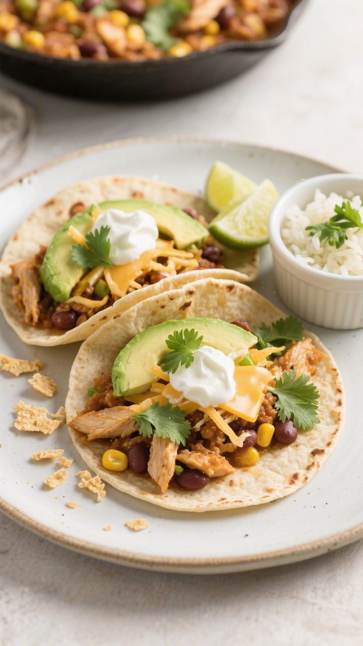 Final dish presentation: Beautifully plated Pantry Chicken Taco Skillet tacos—warm tortillas fille