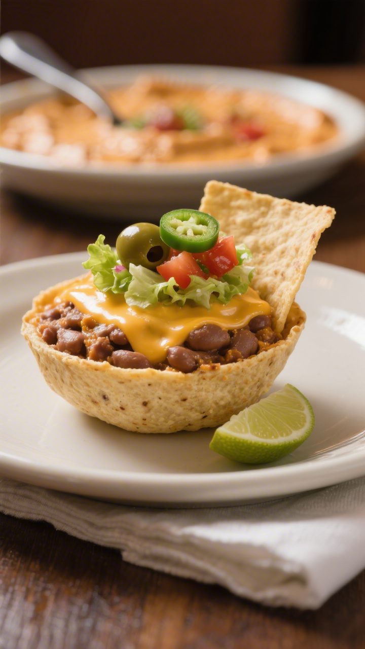 Final dish presentation: Restaurant-quality hero shot of a single perfect scoop of the taco dip on a
