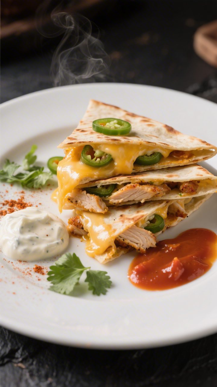 Final dish presentation: Restaurant-quality plate of Easy Chicken Quesadilla Triangles stacked sligh