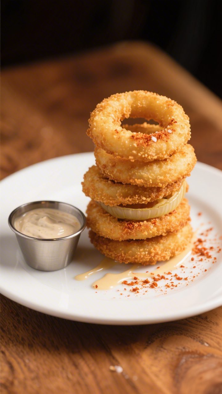 Final dish presentation: Restaurant-quality plate of onion rings stacked high in a neat tower, ultra