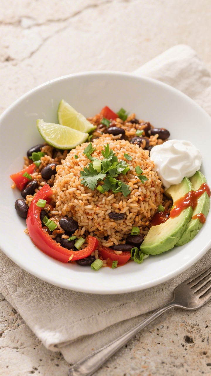 Final dish presentation: Restaurant-quality plated Rice and Beans Skillet served in a wide, shallow