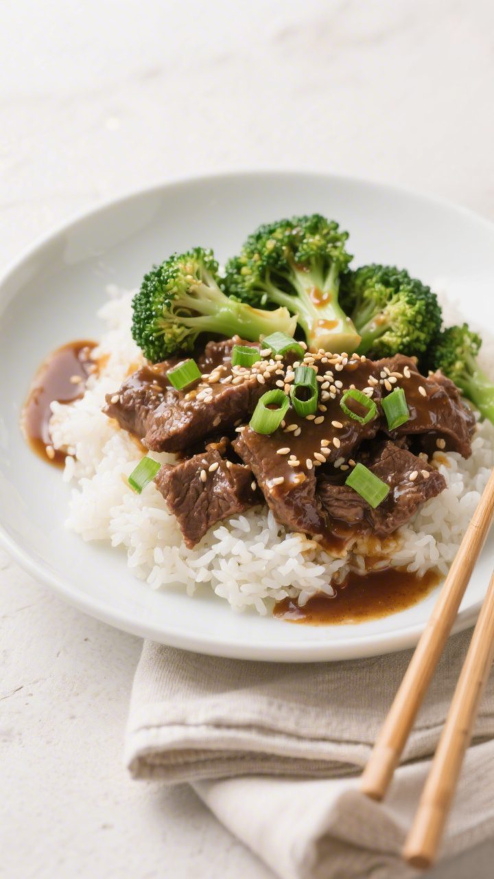 Final dish presentation: Restaurant-quality plating of Crockpot Beef and Broccoli served over fluffy