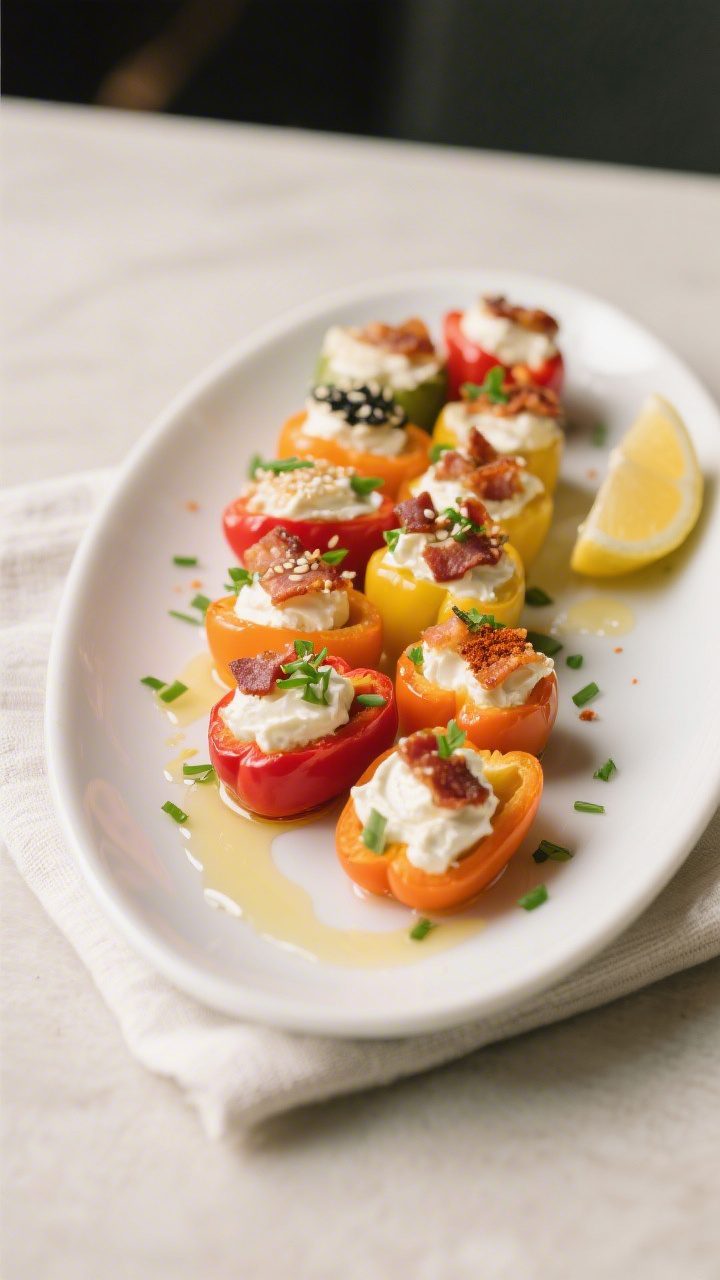 Final dish presentation: Restaurant-quality platter of assorted cream cheese stuffed mini peppers (r