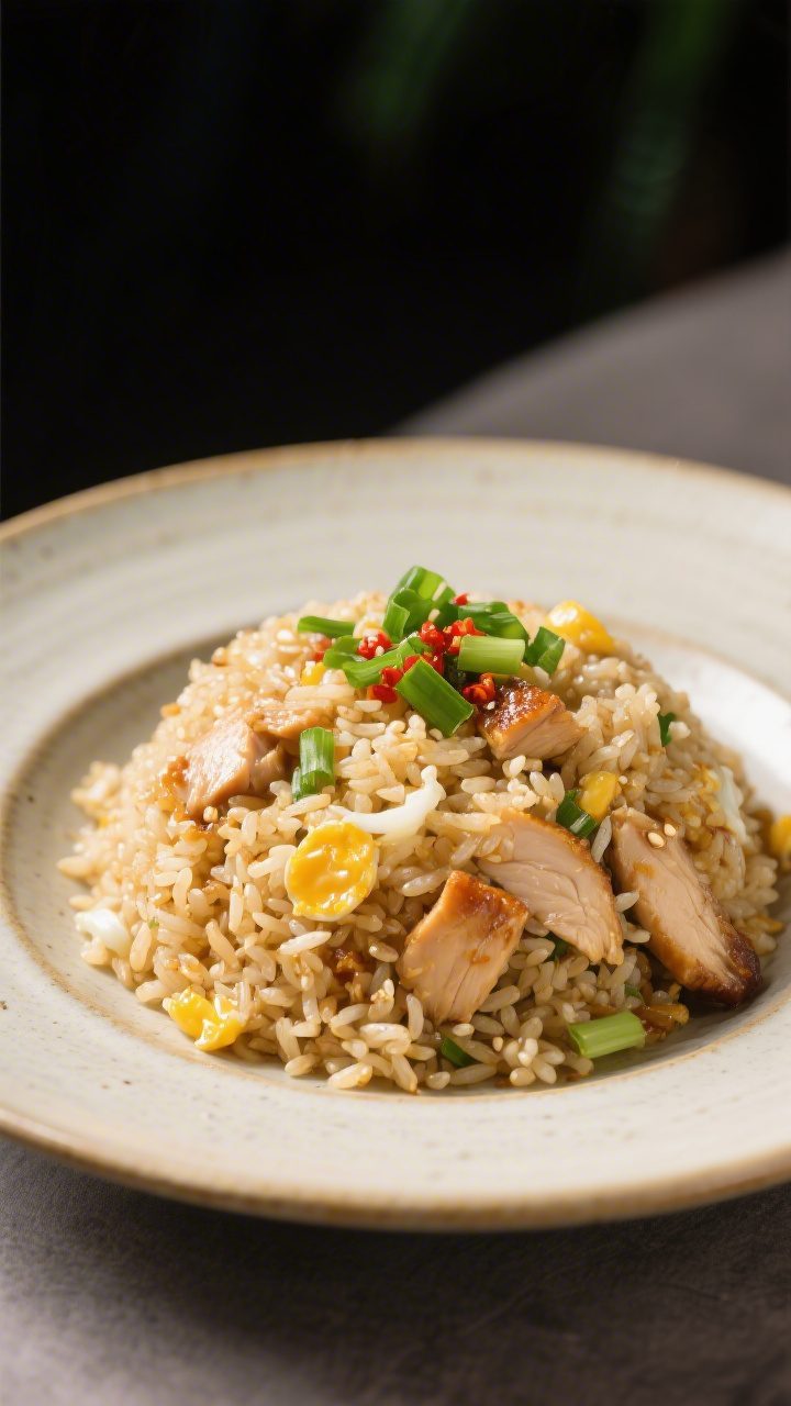 Final dish presentation: Restaurant-style plated chicken fried rice mounded neatly in a shallow cera