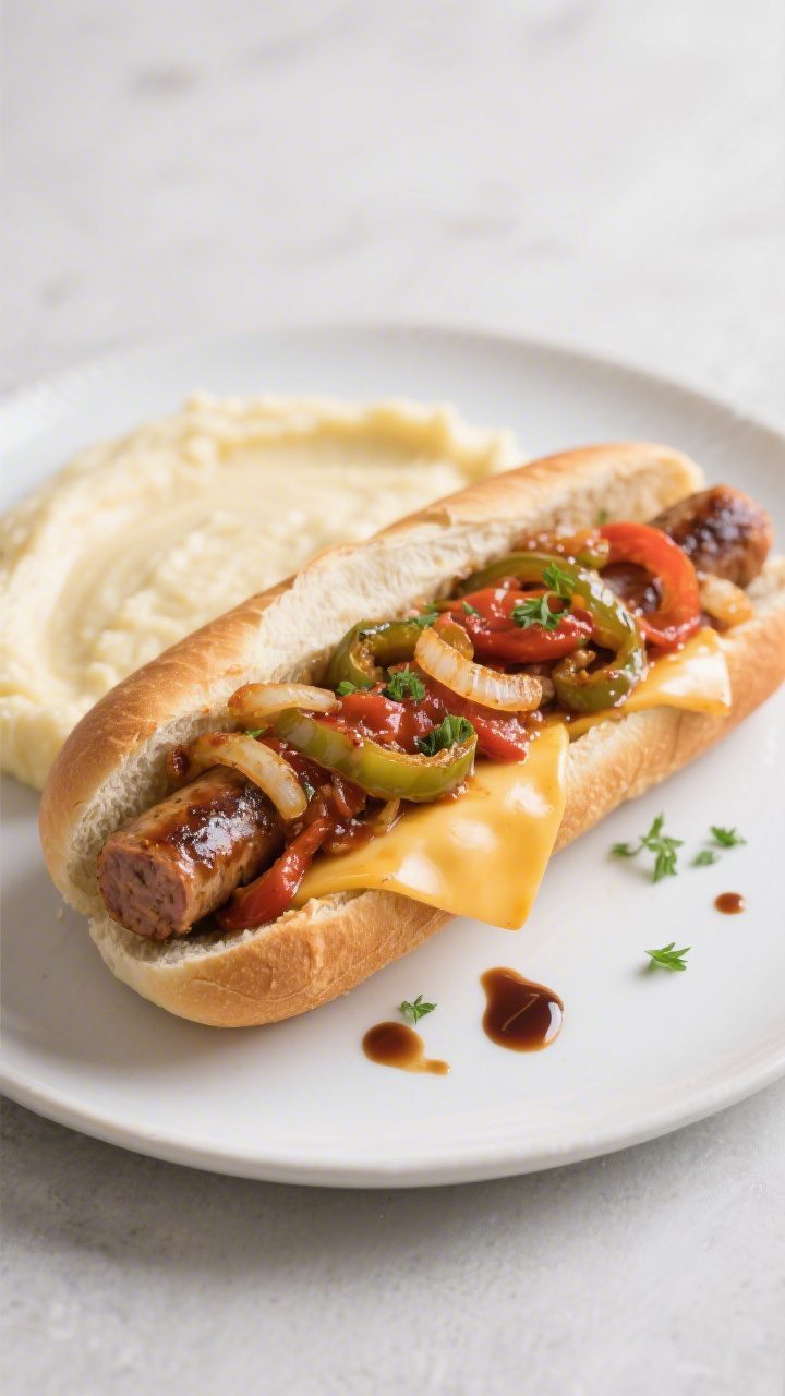 Final dish presentation: Sausage and peppers hoagie, split sausage sliced on the bias and tucked int
