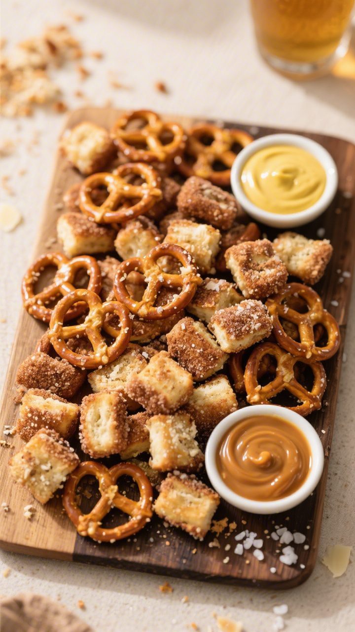 Final dish presentation: Tasty top view of a rustic board piled with assorted pretzel bite variation