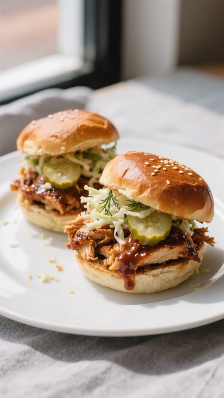Final dish sandwich presentation: Beautifully plated BBQ chicken sandwiches on toasted brioche buns,