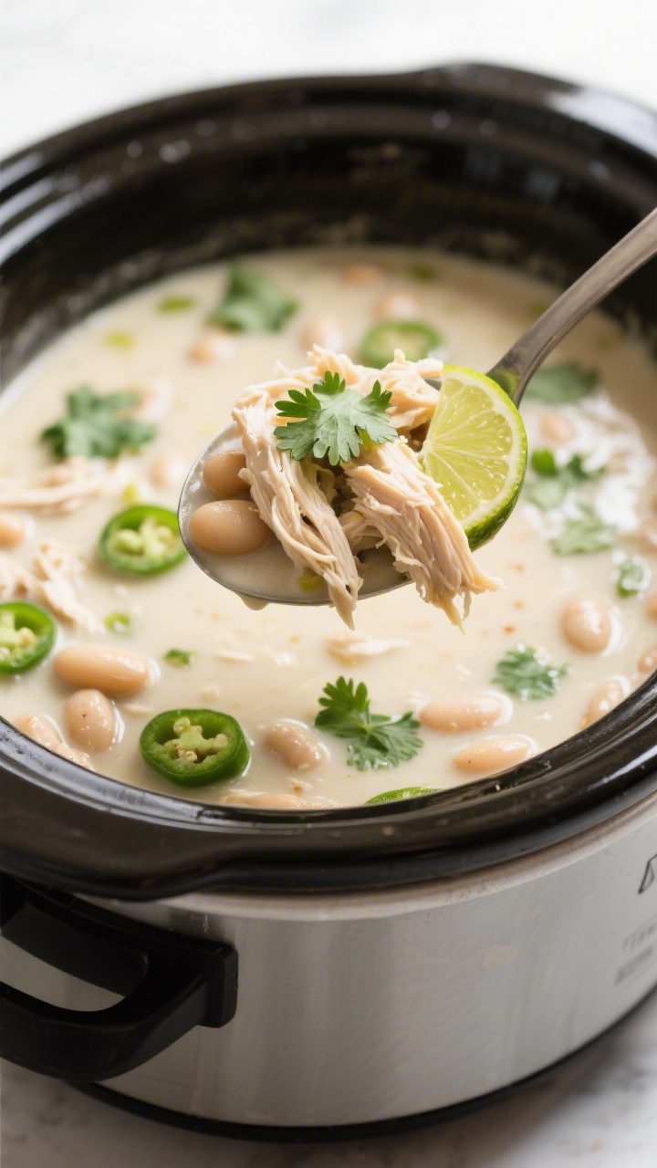 Final plated beauty shot: Three-quarter angle close-up of a ladle lifting rich, creamy white chicken
