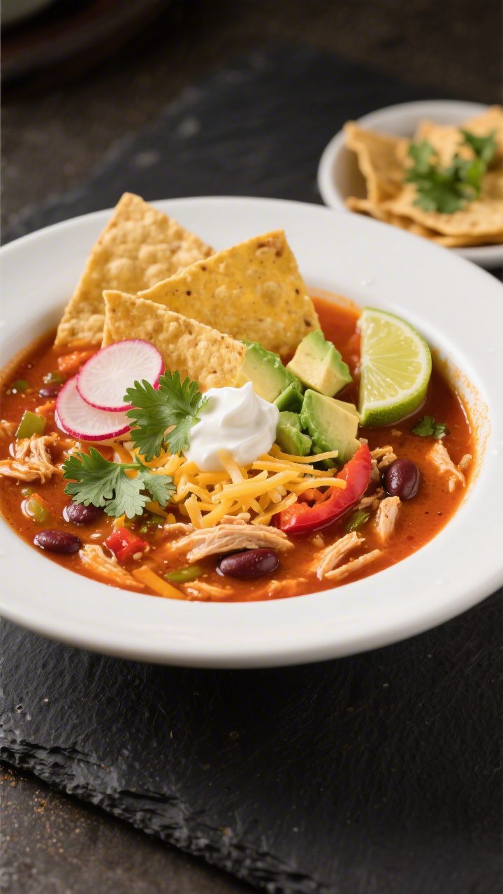 Final plated bowl beauty: A restaurant-quality bowl of Slow Cooker Chicken Tortilla Soup presented i