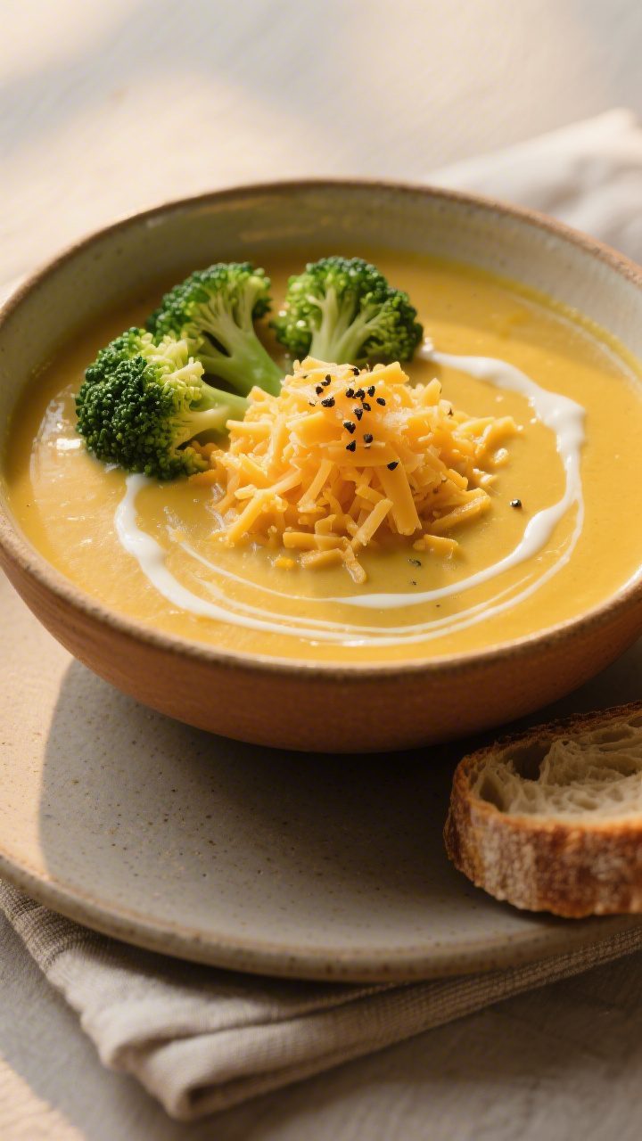Final plated bowl, restaurant-style: A warm ceramic bowl of broccoli cheddar soup with a glossy, sil