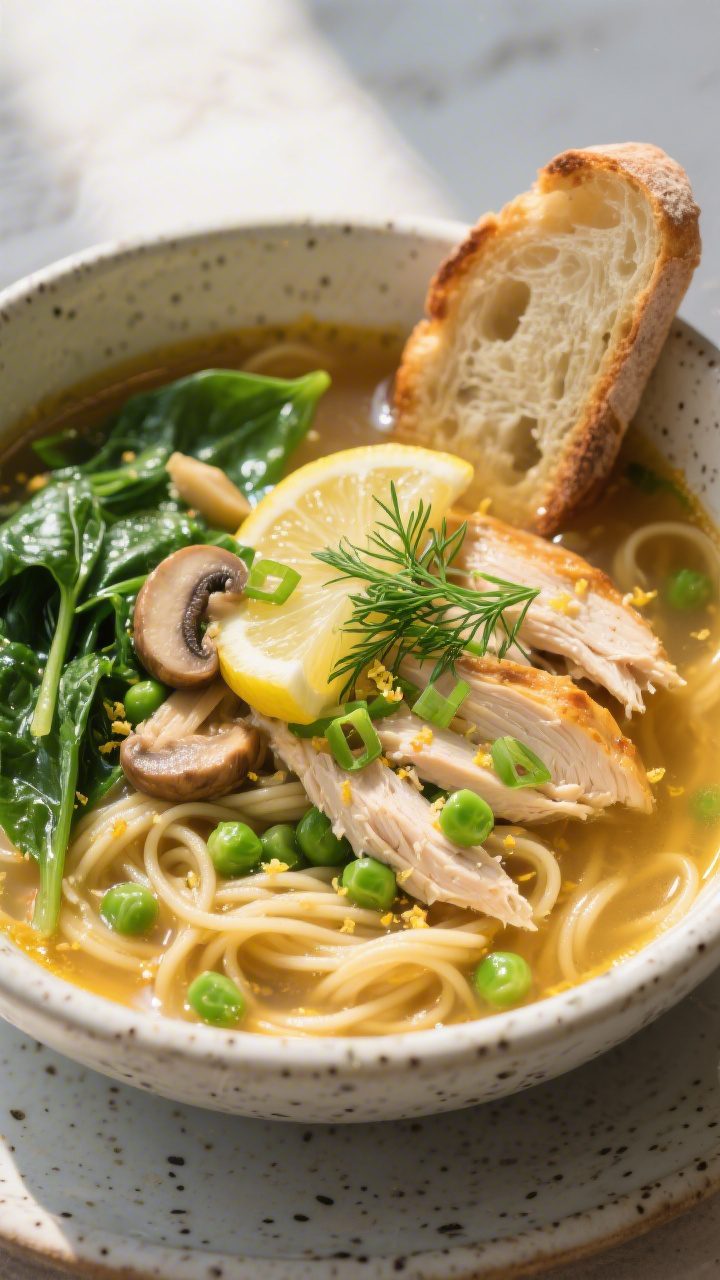 Final plated “Chicken Veggie Power Bowl” — bright and fresh: Three-quarter angle close-up of c