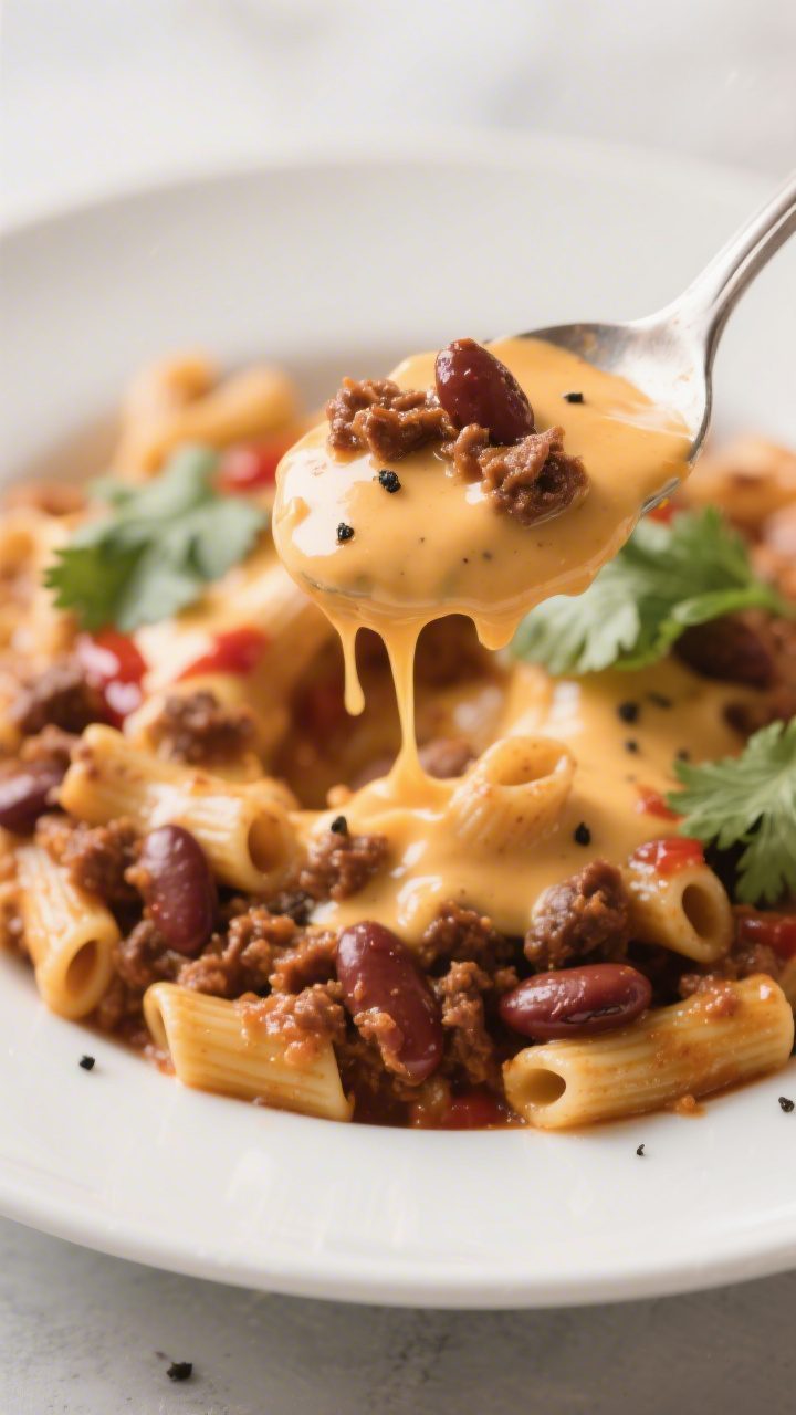 Final plated detail: Extreme close-up of a spoonful lifted from a plate of Chili Mac showing creamy