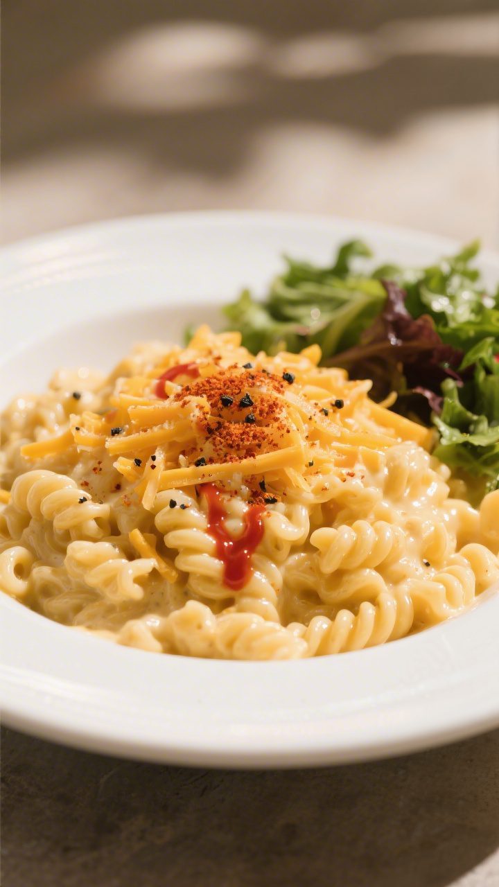 Final plated dish beauty: Beautifully plated Pantry Mac and Cheese in a wide, shallow white bowl, ul