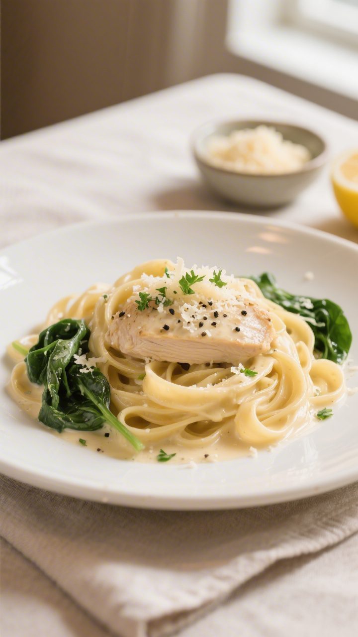 Final plated dish beauty: Creamy Chicken Alfredo twirled into a neat nest of fettuccine on a warm wh