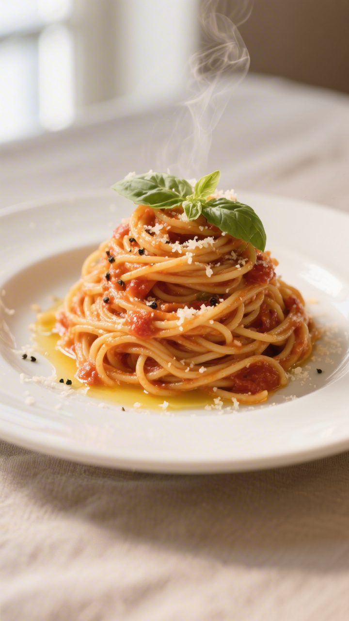 Final plated dish beauty: Pantry Tomato Pasta (spaghetti) twirled into a high nest on a warm white c