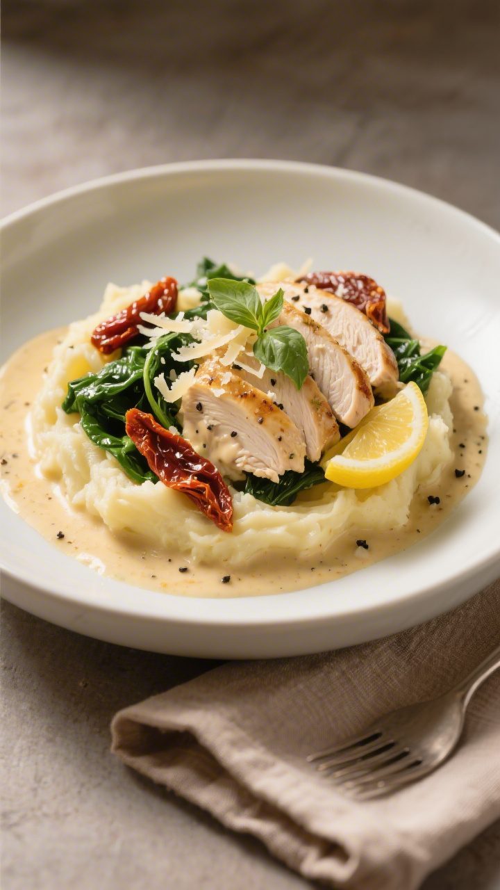 Final plated dish beauty shot: Sliced creamy Tuscan chicken fanned over buttered mashed potatoes on