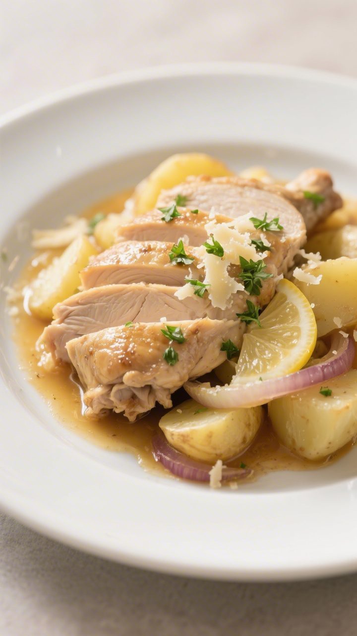 Final plated dish beauty: Sliced chicken thighs fanned over buttery potatoes and sweet onions on a w