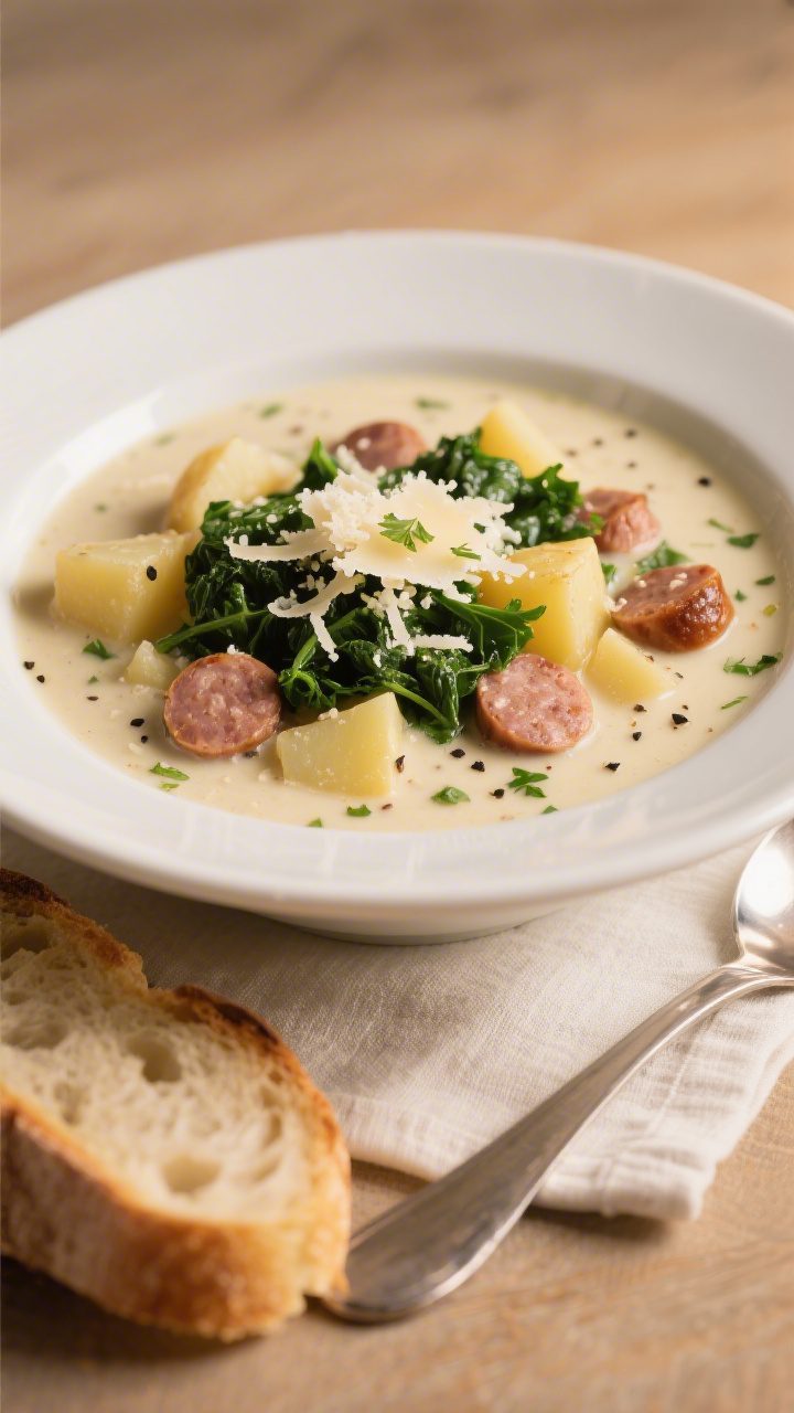 Final plated dish, hero shot: A generous bowl of Creamy Sausage and Potato Soup served in a wide whi