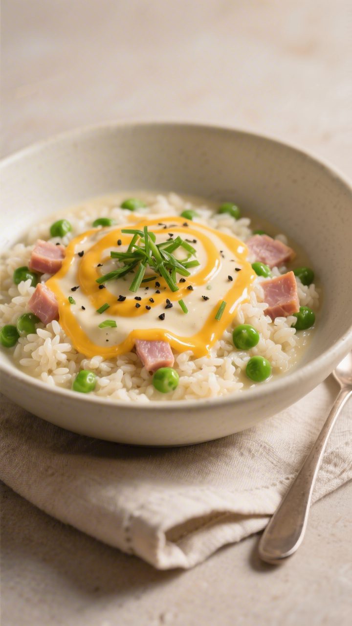 Final plated dish, restaurant-quality: A cozy bowl of Creamy Rice with Canned Soup finished with mel