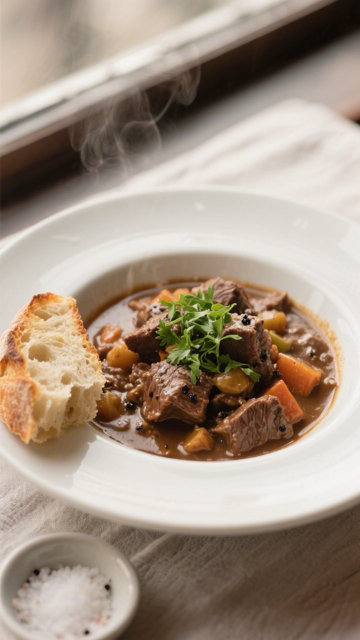 Final plated dish: Restaurant-quality bowl of slow cooker beef stew ladled into a wide, matte-white