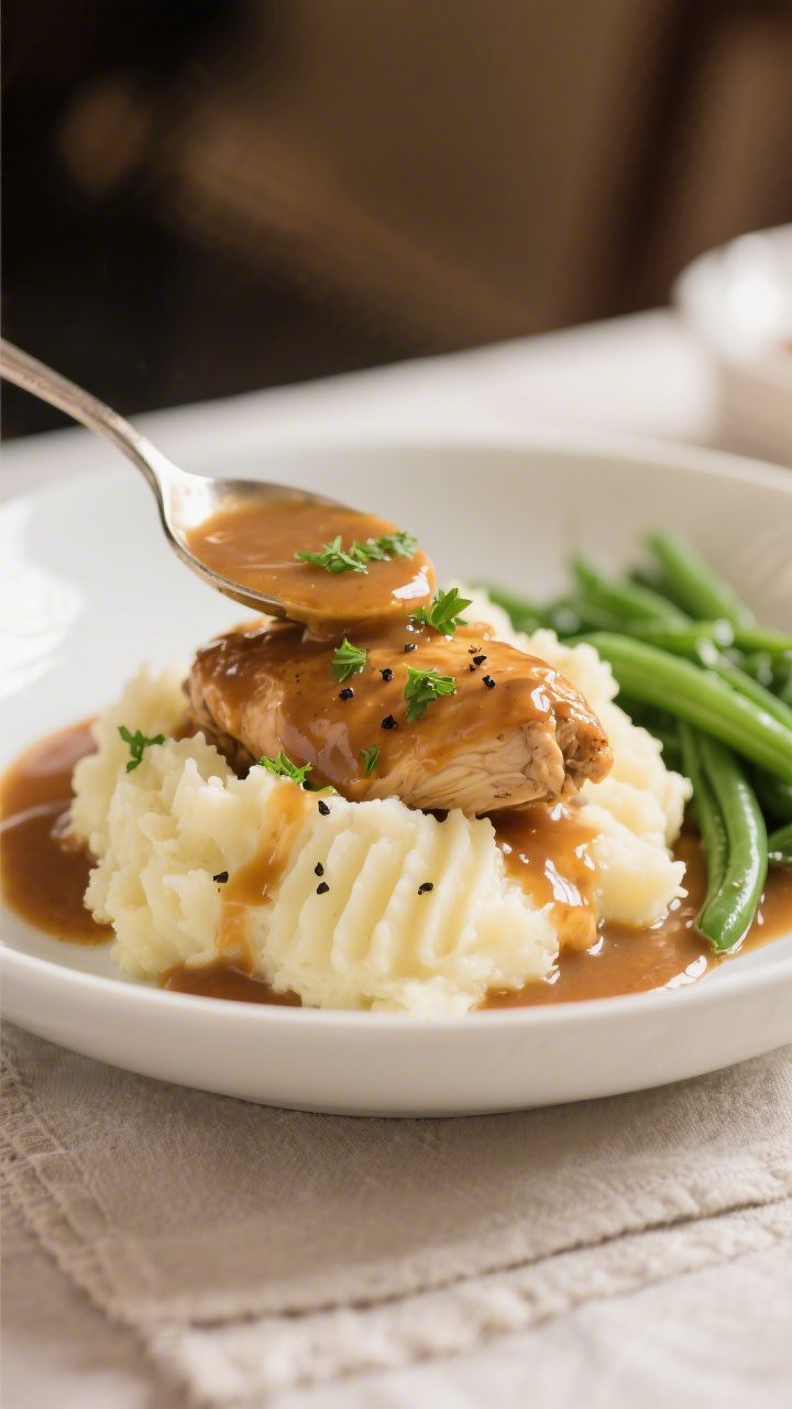 Final plated dish: Restaurant-quality presentation of Crockpot Chicken and Gravy spooned generously