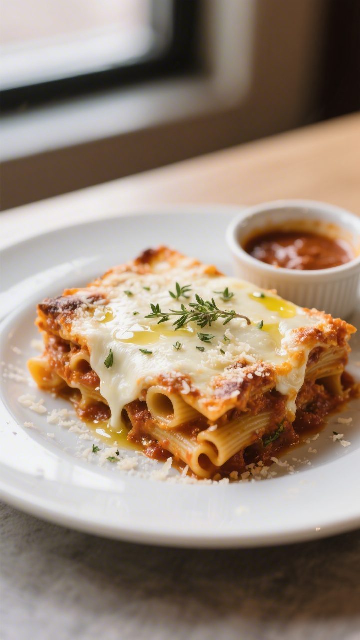 Final plated dish: Restaurant-quality presentation of a neat square of Pantry Baked Ziti set on a ma