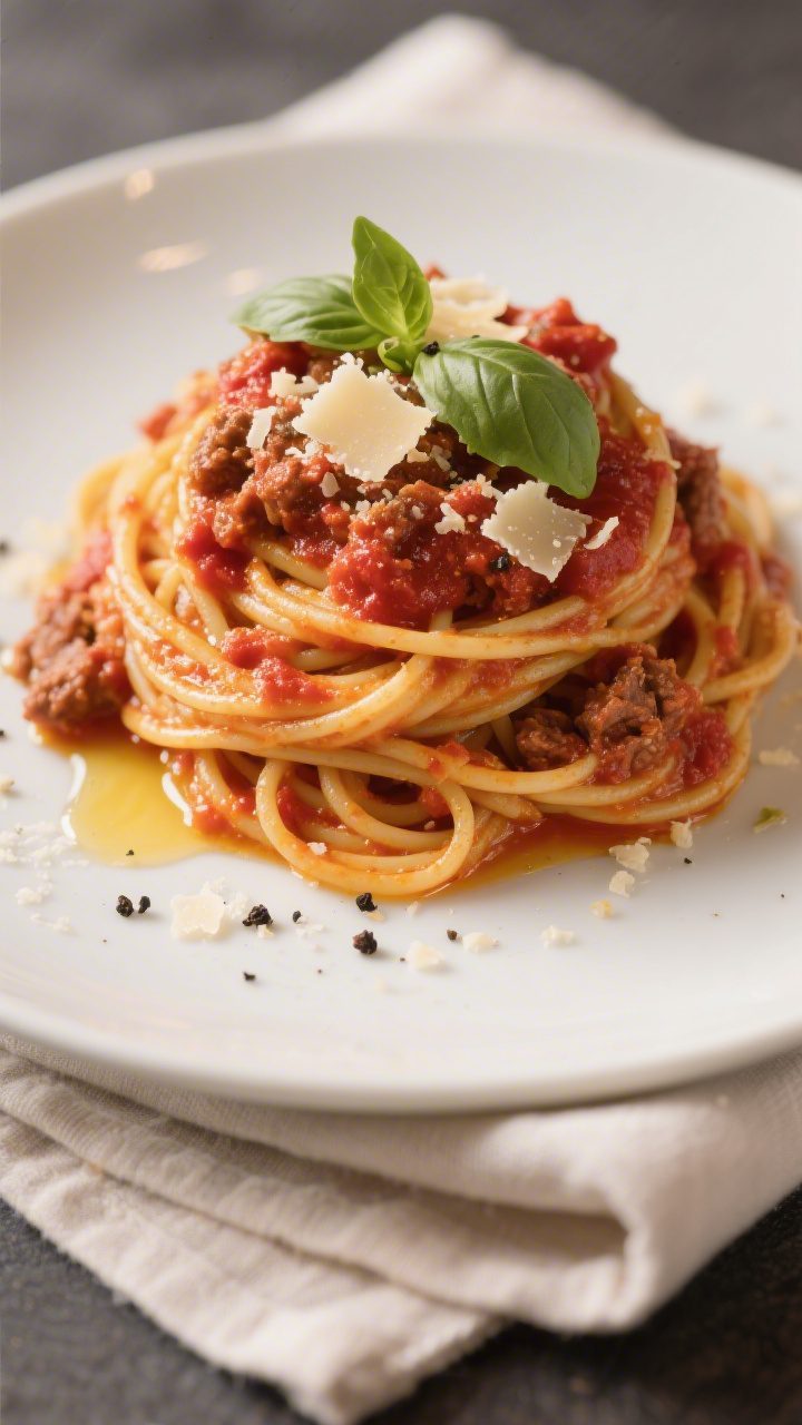 Final plated dish, restaurant-quality presentation: A neatly twirled mound of spaghetti with canned
