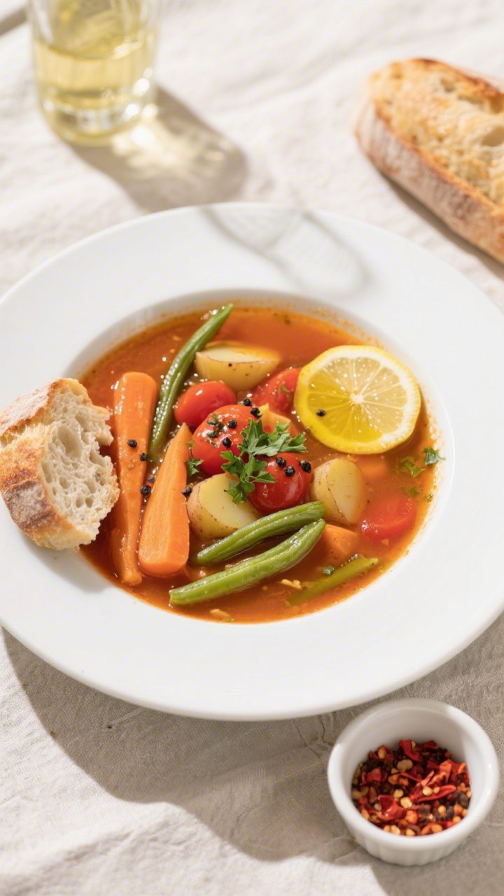 Final plated dish, tasty top view: Overhead shot of a generously filled white bowl of vegetable soup