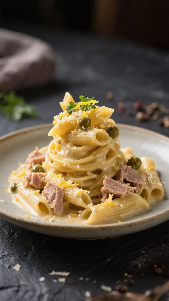 Final plated hero shot: Beautifully plated creamy canned tuna pasta (penne) twirled into a tall nest