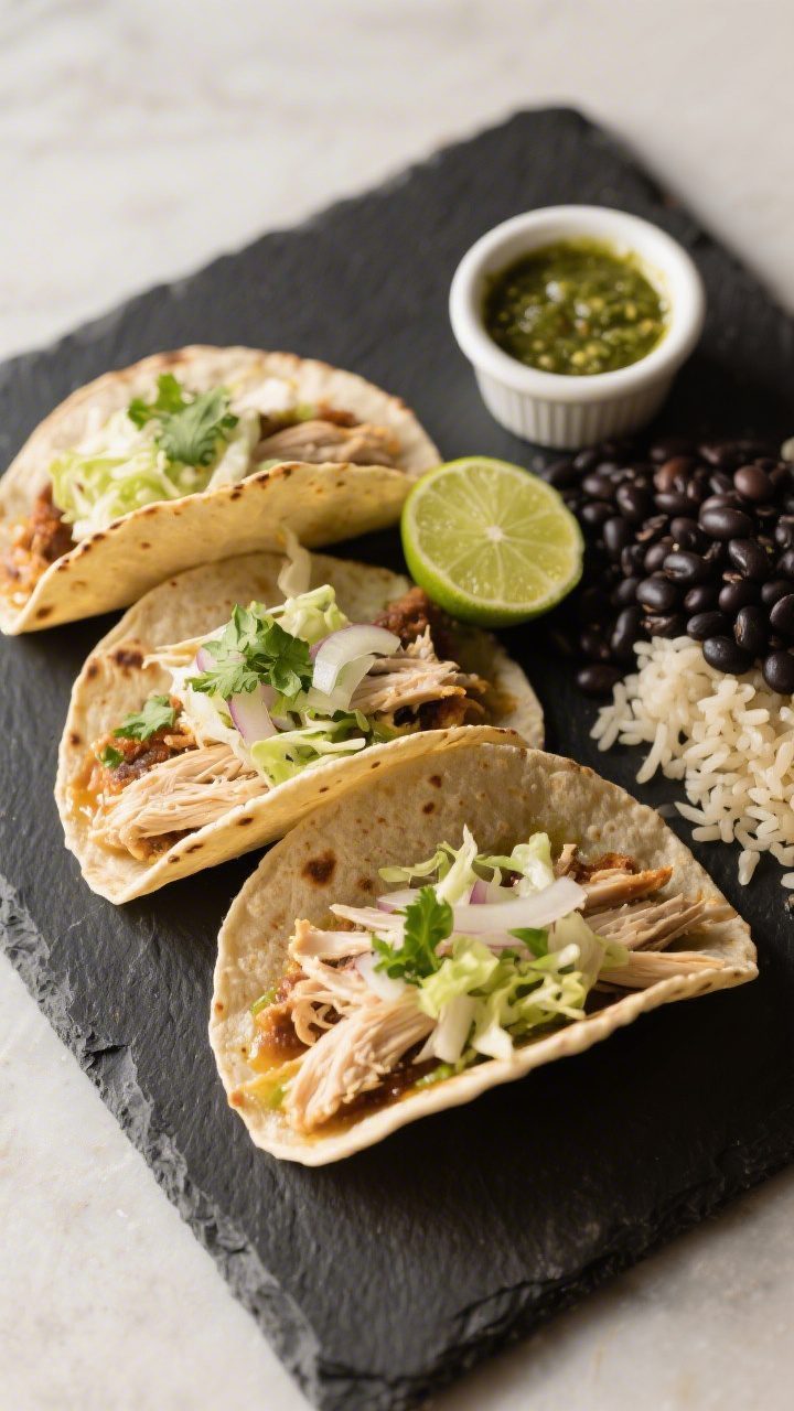 Final plated hero shot: three shredded chicken tacos arranged on a dark slate platter with a side of