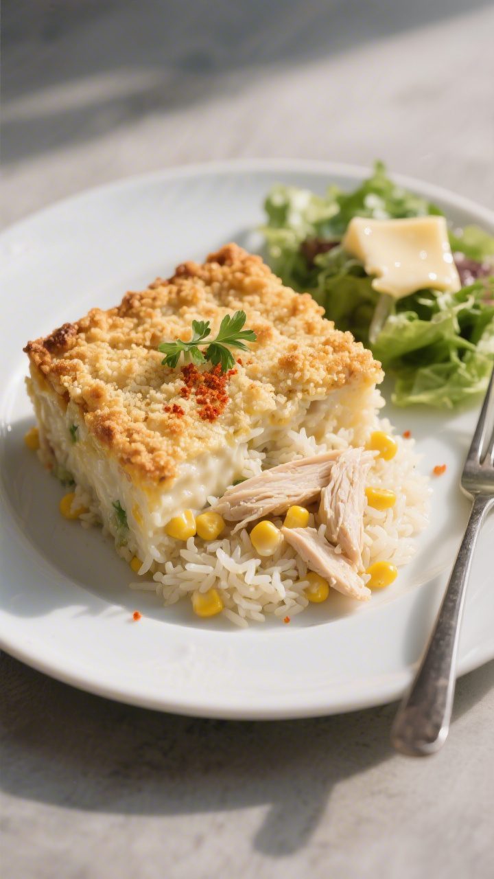 Final plated presentation: a generous square of the casserole served on a matte white dinner plate w