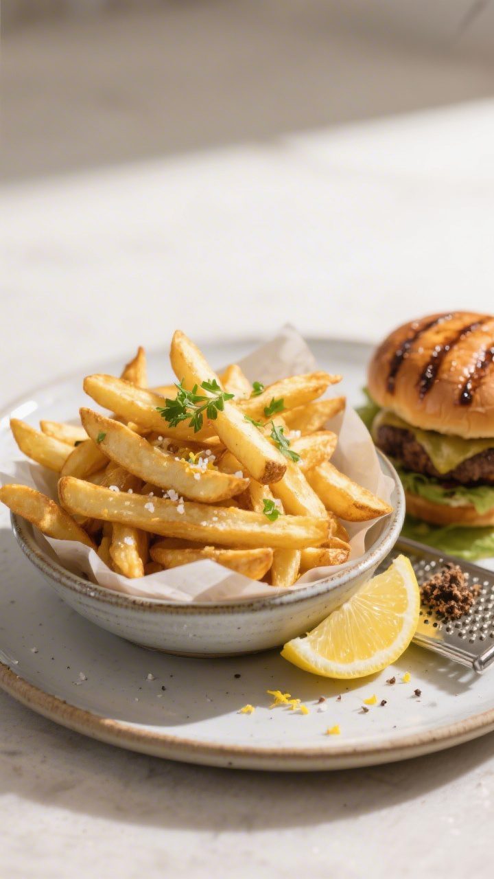 Final plated presentation of air fryer French fries served with a grilled burger on a ceramic plate: