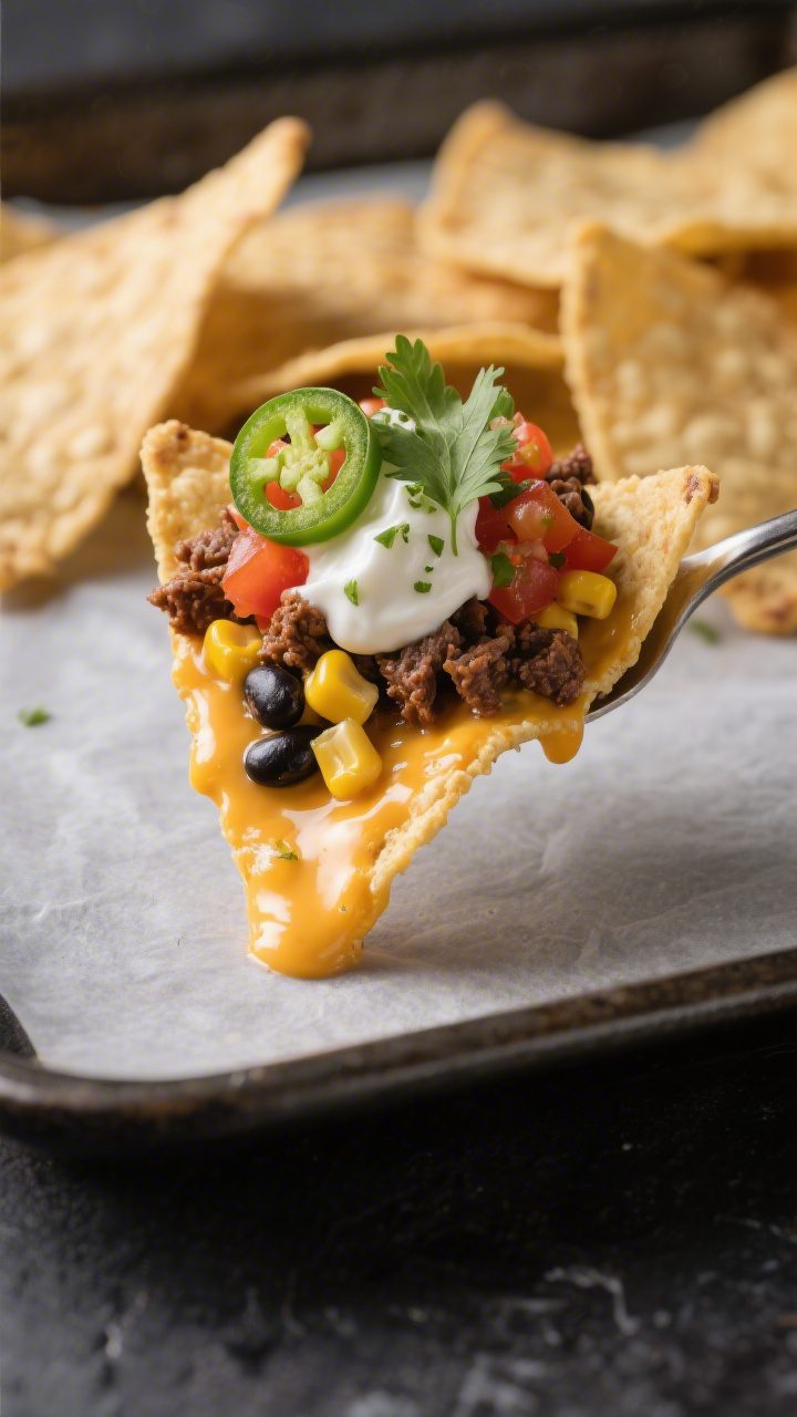 Final presentation beauty shot: Close-up detail of a single perfect nacho scoop lifted from the pan