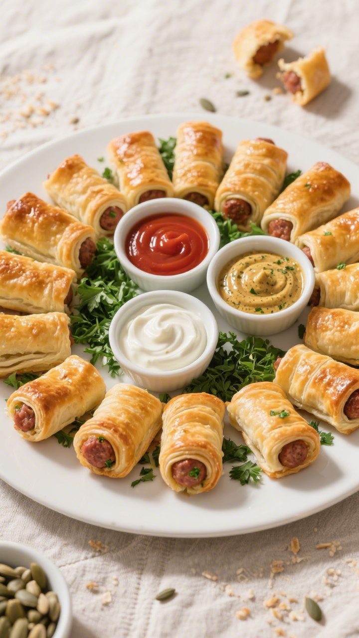 Final presentation shot: Beautiful party platter of mini sausage rolls arranged in a loose circular