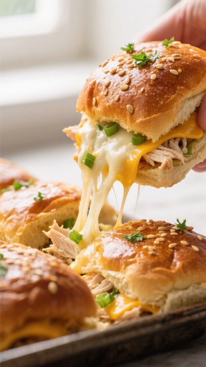 Golden, melty final bake: Close-up detail of the baked sliders just out of the oven, tops deeply gol