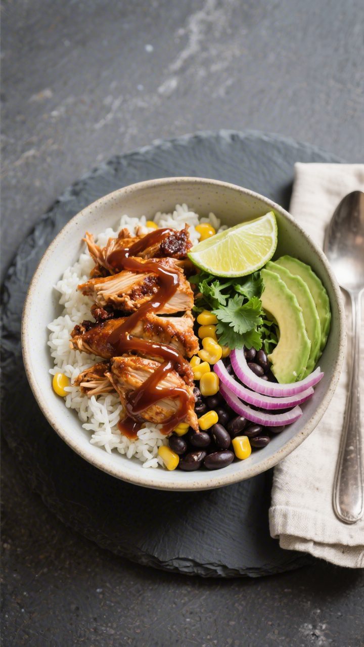 Overhead bowl meal: Top-down shot of a BBQ chicken grain bowl—bed of fluffy white rice topped with
