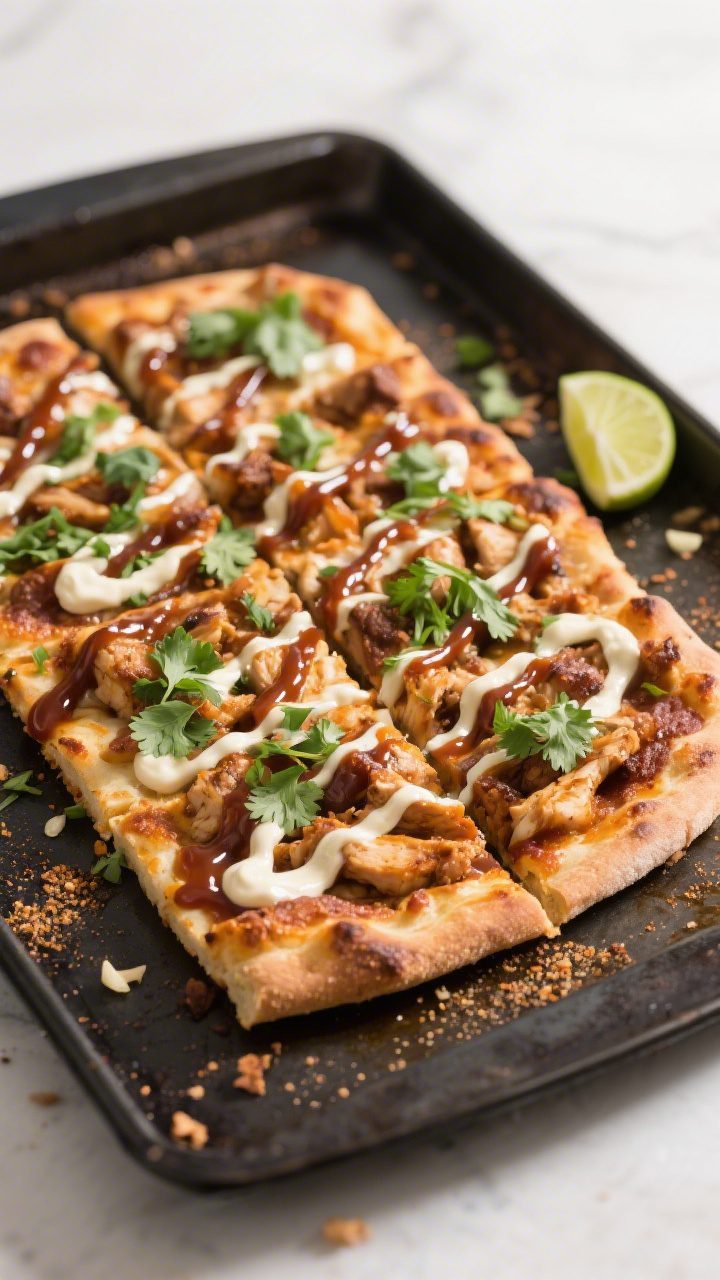 Overhead final presentation: BBQ chicken flatbread pizza just out of the oven, sliced into rustic sq