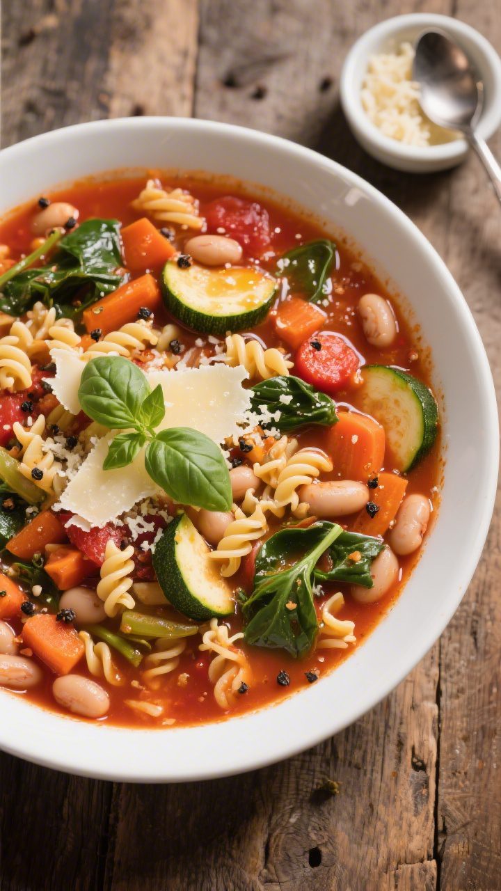 Overhead “Hearty Minestrone Plus” upgrade — brothy and abundant: Top-down shot of a vibrant mi