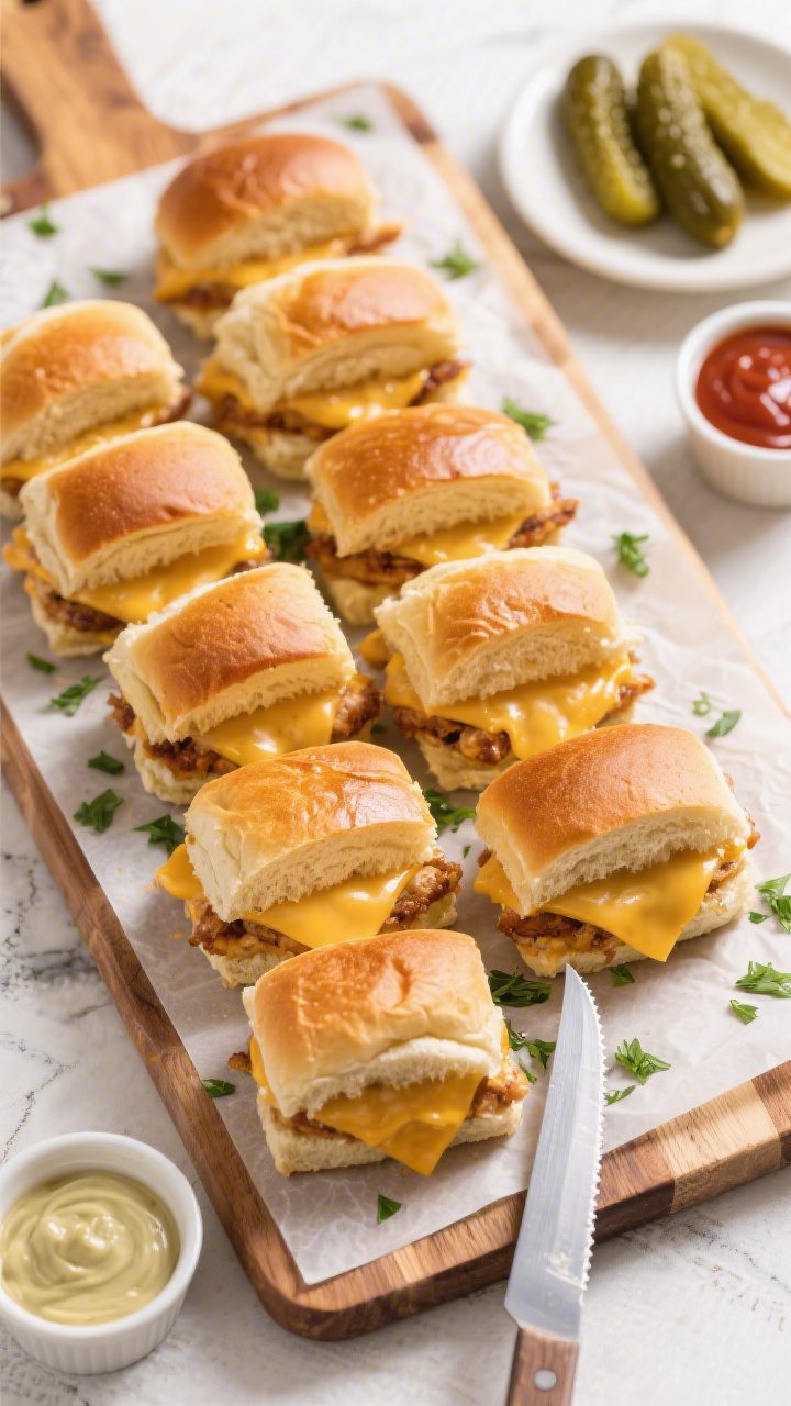 Overhead party-ready presentation: Top-down shot of the sliced cheesy chicken sliders arranged in ne