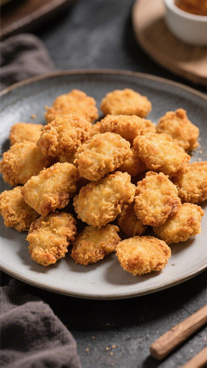 Overhead shot of a final serving platter of crispy chicken nuggets arranged in a casual pile, showca