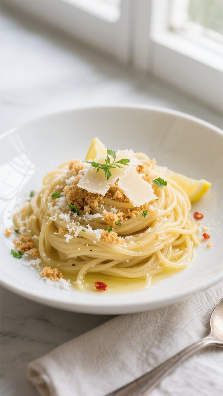 Overhead shot of Pantry Pasta With Parmesan plated in a wide, shallow white bowl: twirled nest of sp