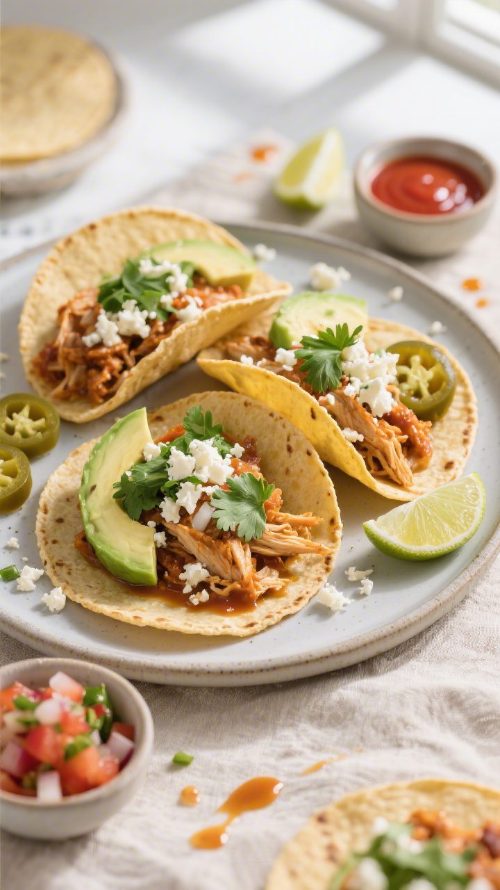 Overhead “taco assembly” scene: warmed corn tortillas filled with generous scoops of saucy shred