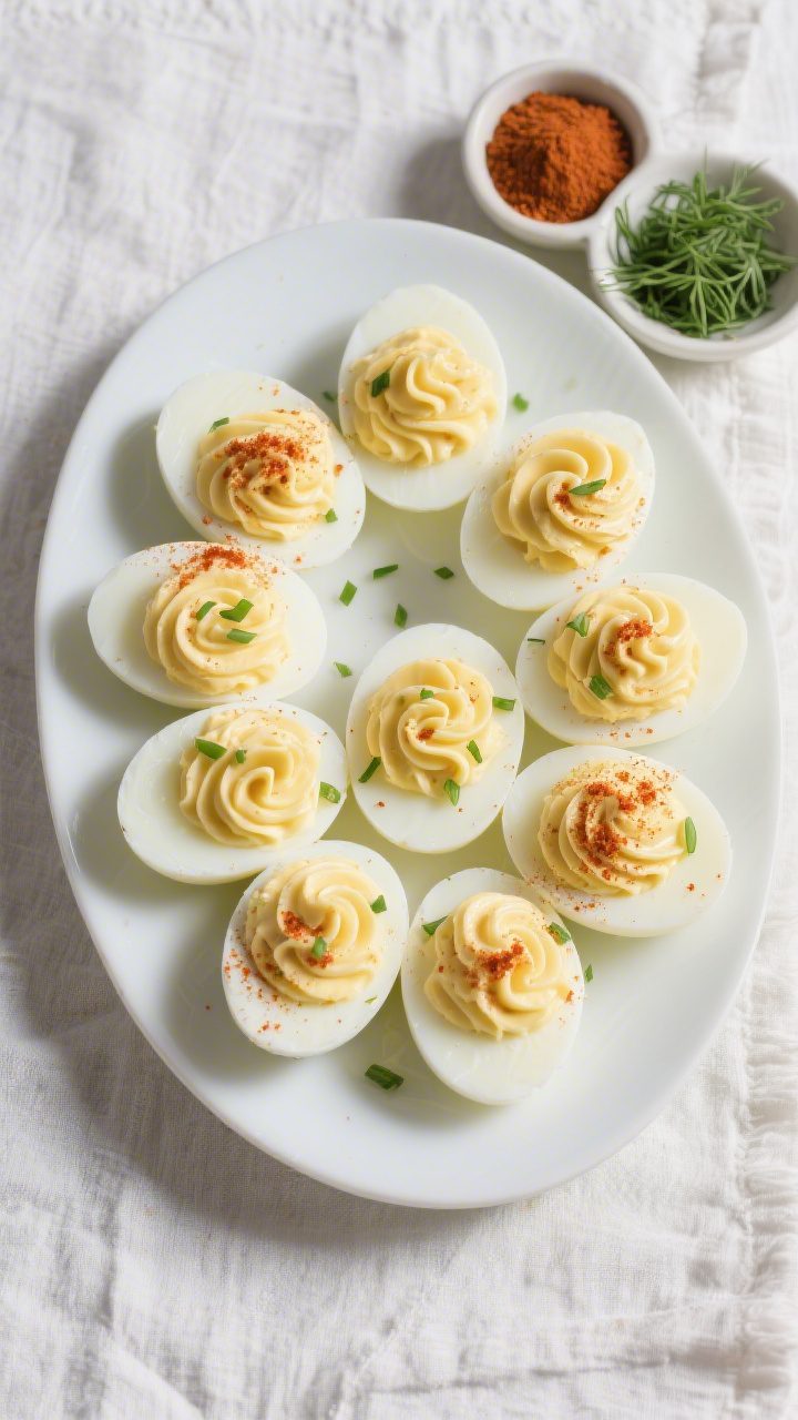 Overhead “tasty top view”: A neat platter of classic deviled eggs arranged in a circular fan on