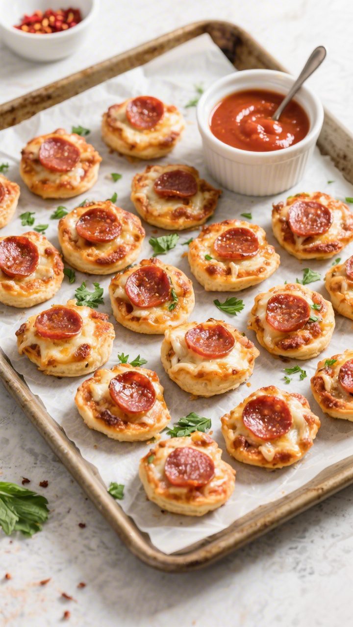 Overhead tasty top view: A platter of finished Mini Pepperoni Pizza Bites arranged in a tight grid o