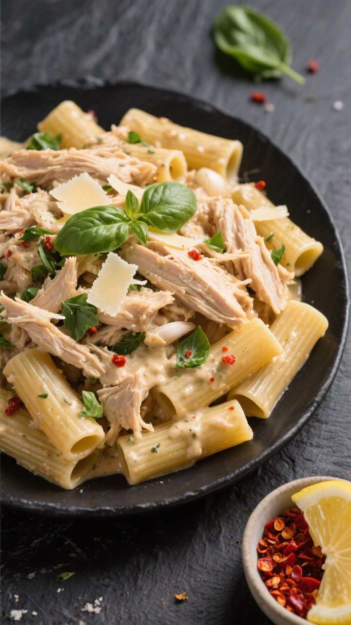 Overhead “tasty top view”: Crockpot Creamy Tuscan Chicken shredded and piled over al dente rigat