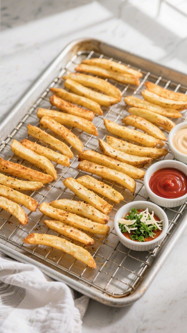 Overhead “tasty top view” of a wire rack set over a baking sheet holding a single even layer of