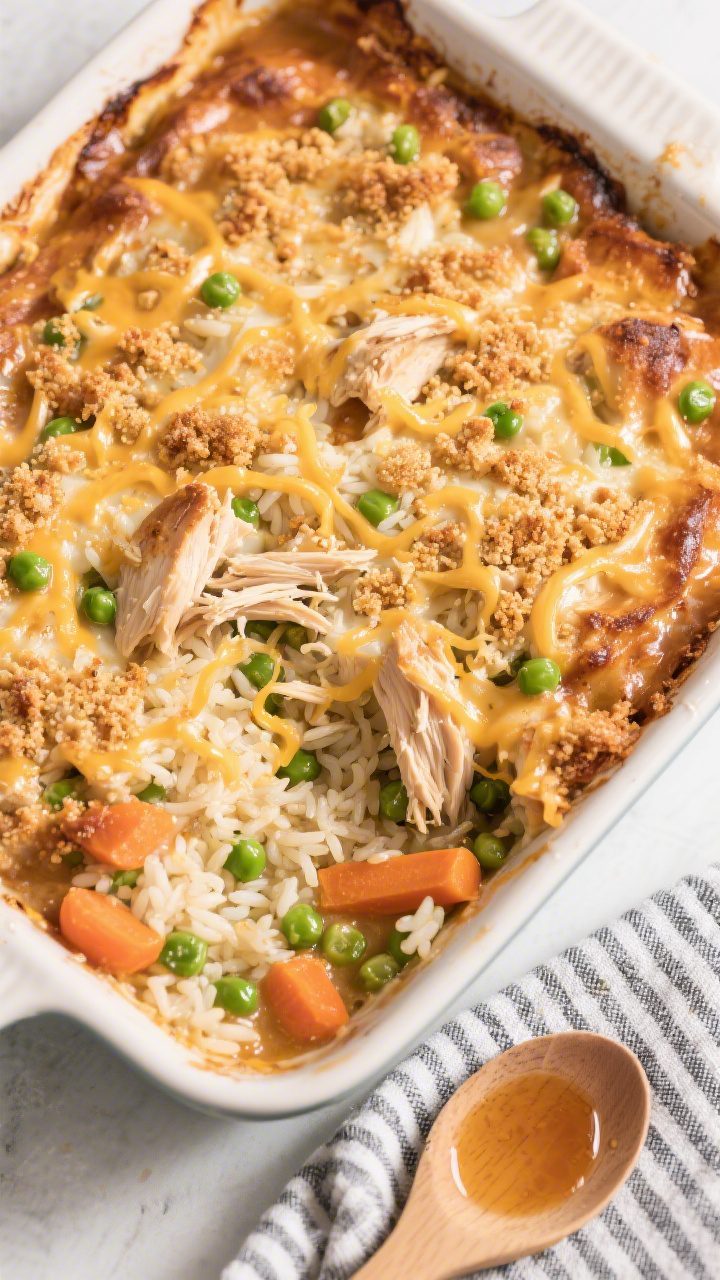 Overhead “tasty top view” of the finished Pantry Chicken and Rice Casserole in a 9x13 baking dis