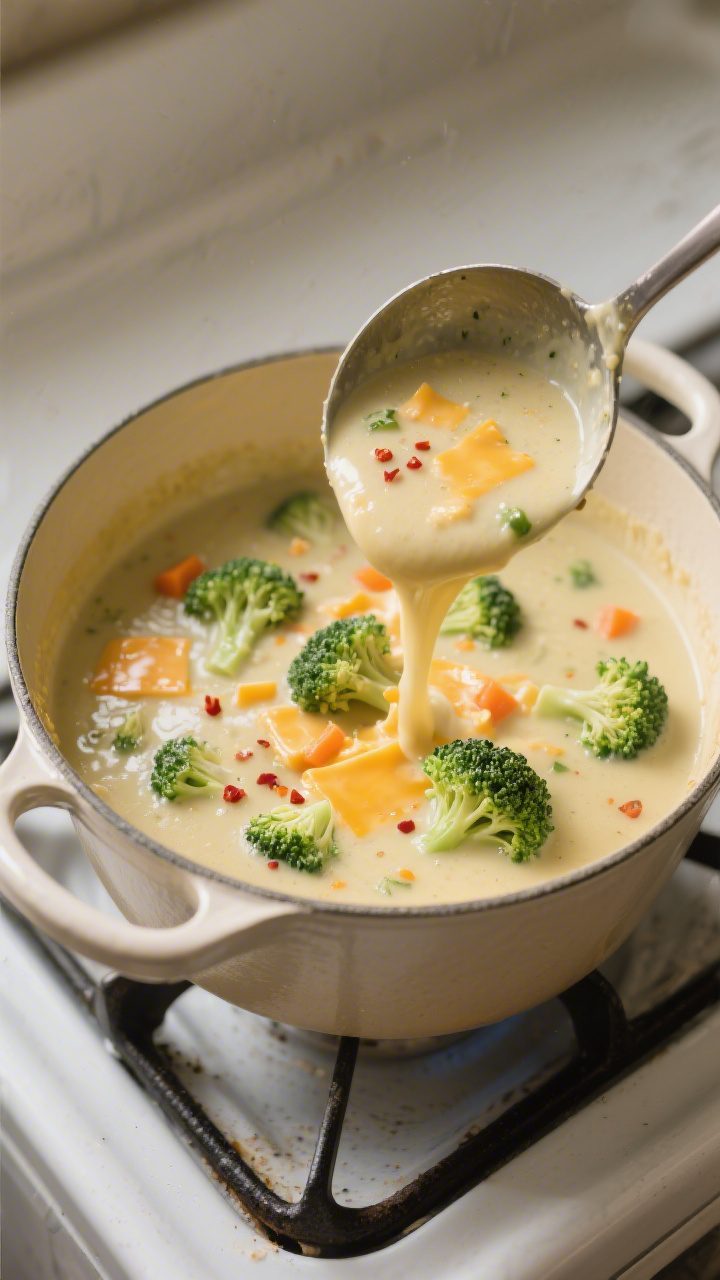 Overhead “tasty top view” serving moment: Top-down shot of a ladle hovering over a Dutch oven of