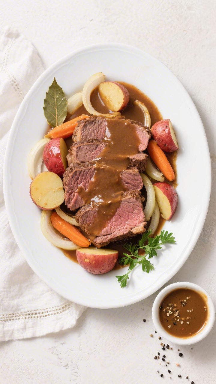 Overhead “tasty top view” shot: Complete plated serving of Slow Cooker Beef Roast with Potatoes